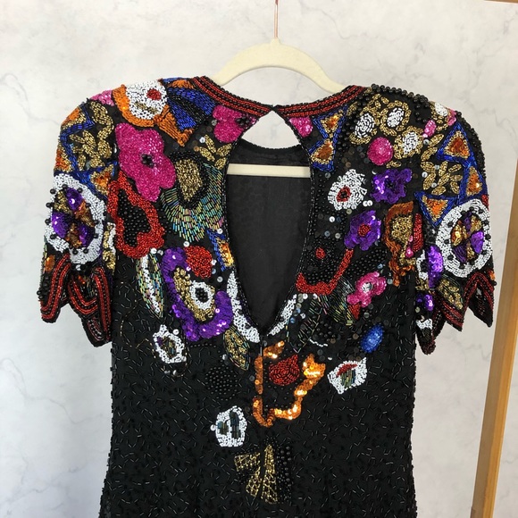Vintage 80s Floral Sequin Formal Party Prom Dress - Picture 5 of 8